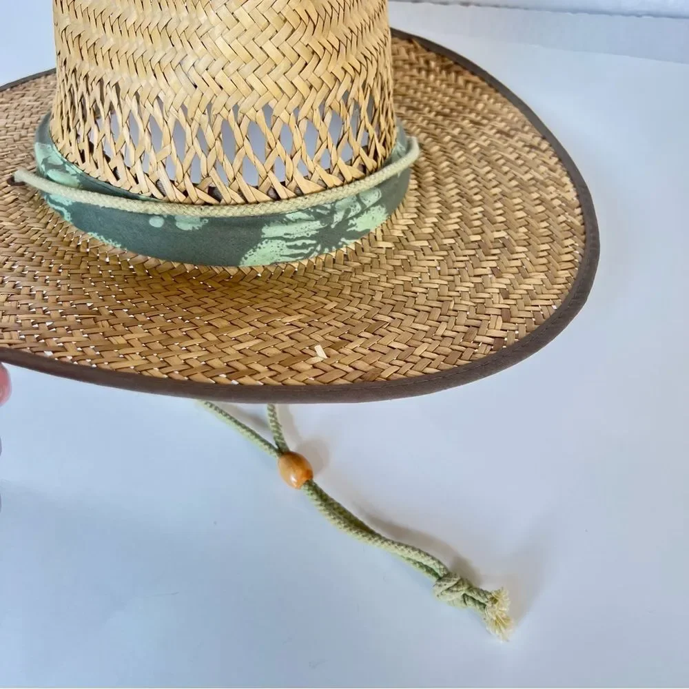 Dorfman Pacific Wide Brim Natural Straw Sun Hat with Green Band Chin Strap XL
